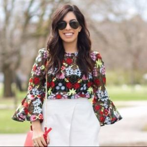 Boutique Floral Bell Sleeve Embroidered Blouse Top